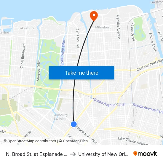 N. Broad St. at Esplanade Ave. to University of New Orleans map