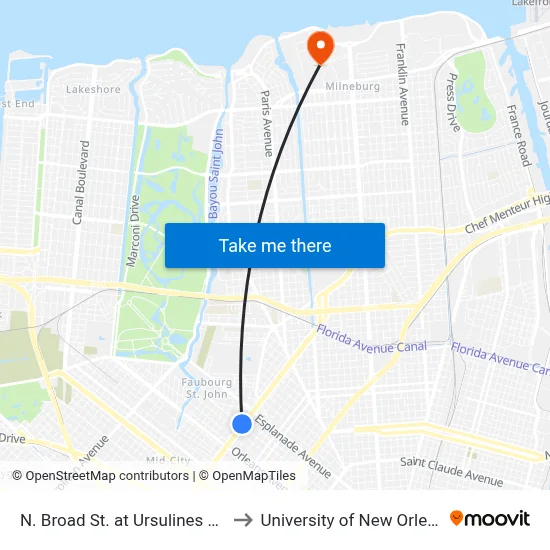 N. Broad St. at Ursulines Ave. to University of New Orleans map