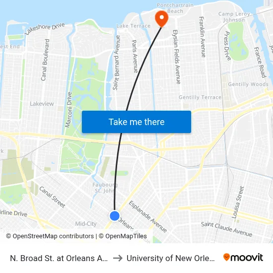 N. Broad St. at Orleans Ave. to University of New Orleans map