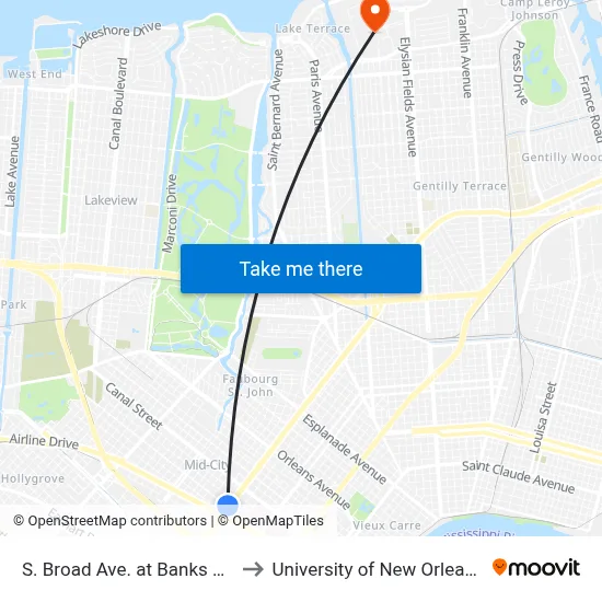 S. Broad Ave. at Banks St. to University of New Orleans map