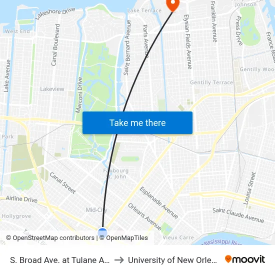 S. Broad Ave. at Tulane Ave. to University of New Orleans map