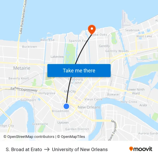 S. Broad at Erato to University of New Orleans map
