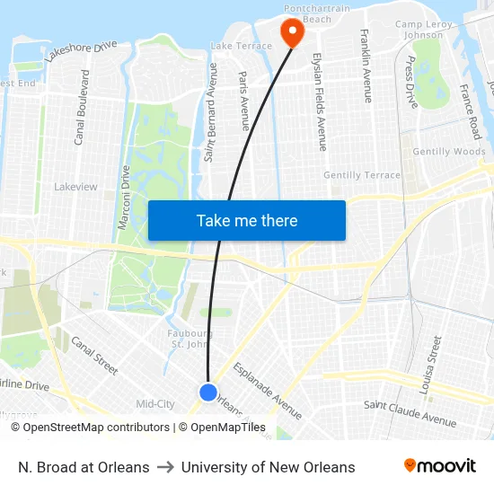N. Broad at Orleans to University of New Orleans map