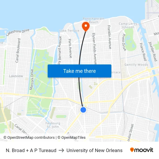 N. Broad + A P Tureaud to University of New Orleans map