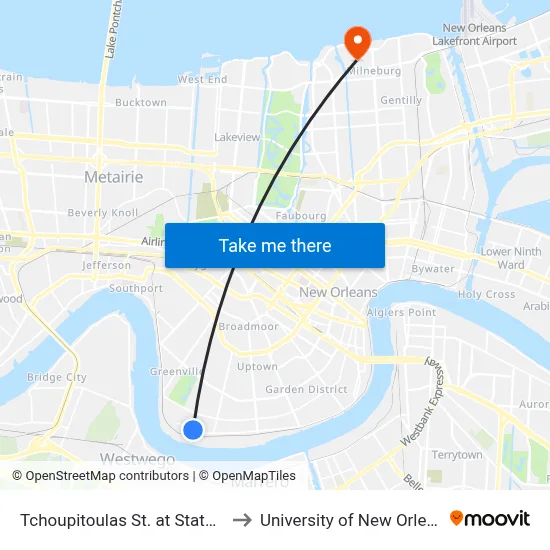 Tchoupitoulas St. at State St. to University of New Orleans map