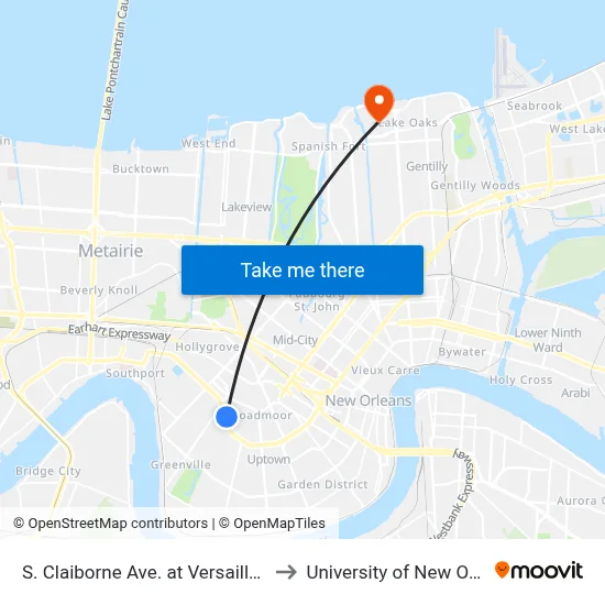 S. Claiborne Ave. at Versailles Blvd. to University of New Orleans map