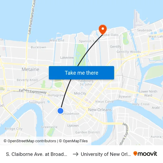 S. Claiborne Ave. at Broadway St. to University of New Orleans map