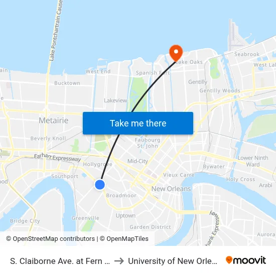 S. Claiborne Ave. at Fern St. to University of New Orleans map