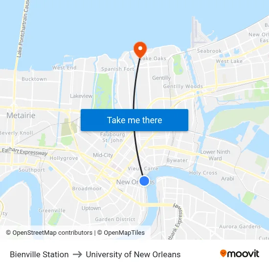 Bienville Station to University of New Orleans map