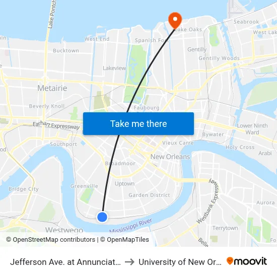 Jefferson Ave. at Annunciation St. to University of New Orleans map