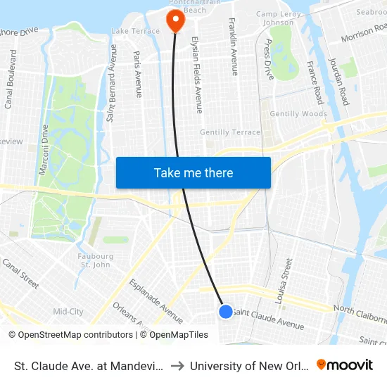 St. Claude Ave. at Mandeville St. to University of New Orleans map