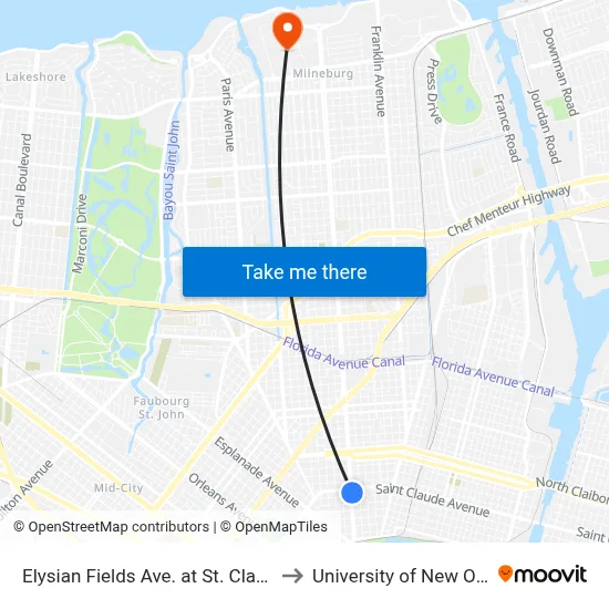 Elysian Fields Ave. at St. Claude Ave. to University of New Orleans map