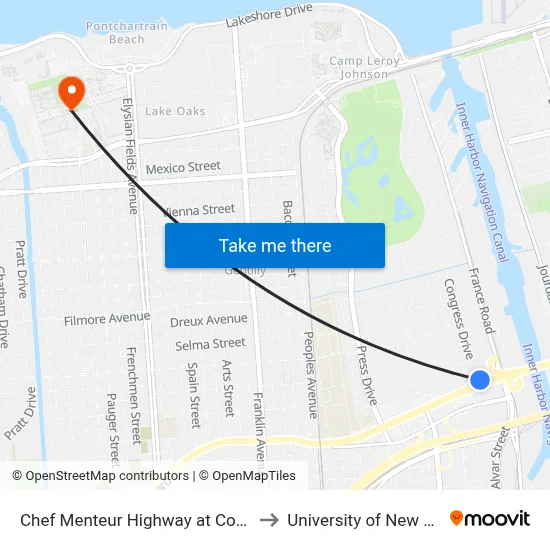 Chef Menteur Highway at Congress Dr. to University of New Orleans map