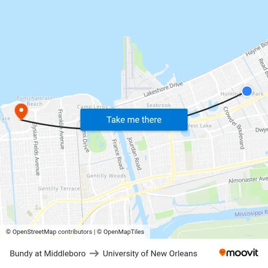 Bundy at Middleboro to University of New Orleans map
