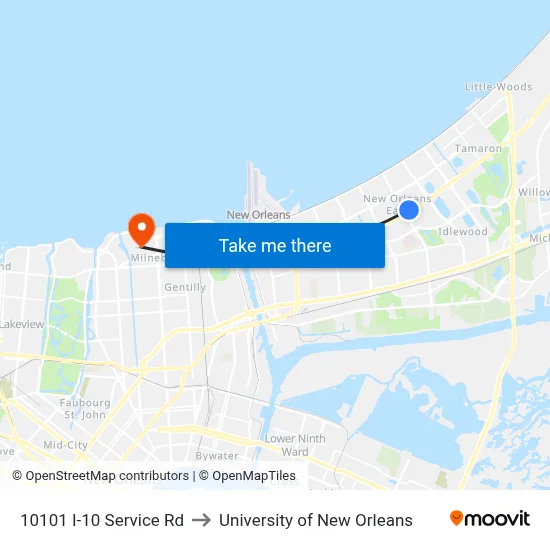 10101 I-10 Service Rd to University of New Orleans map