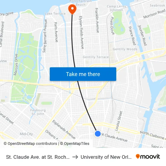 St. Claude Ave. at St. Roch Ave. to University of New Orleans map