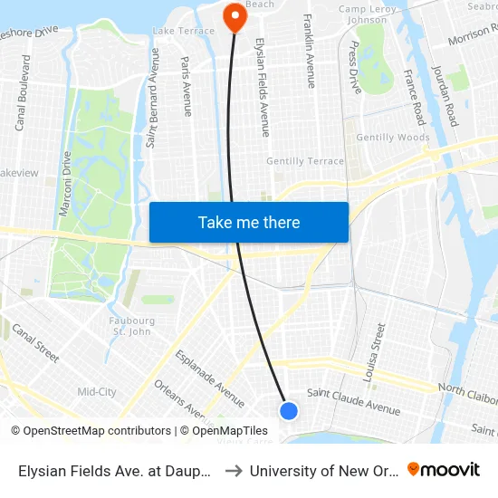 Elysian Fields Ave. at Dauphine St. to University of New Orleans map
