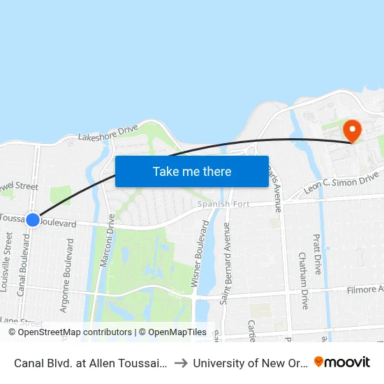 Canal Blvd. at Allen Toussaint Blvd to University of New Orleans map