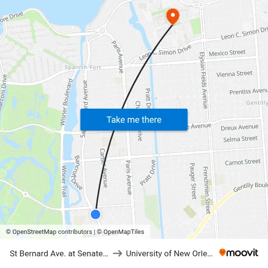 St Bernard Ave. at Senate St. to University of New Orleans map