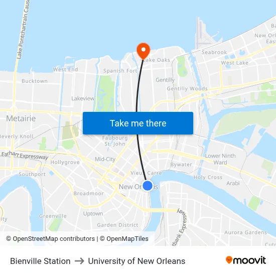 Bienville Station to University of New Orleans map