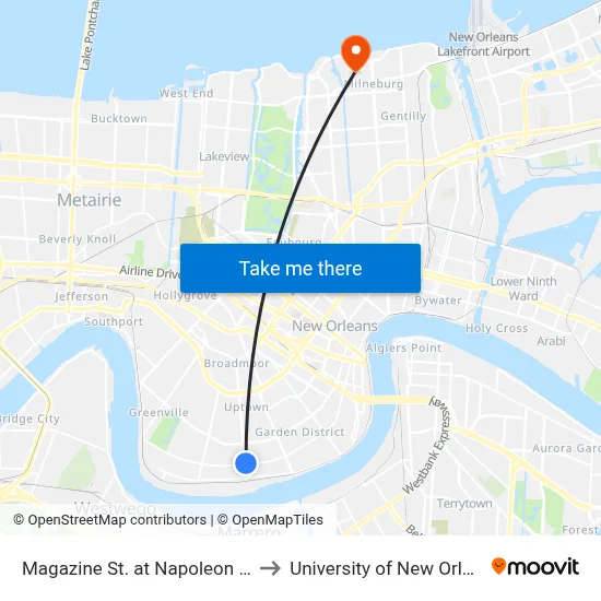Magazine St. at Napoleon Ave. to University of New Orleans map