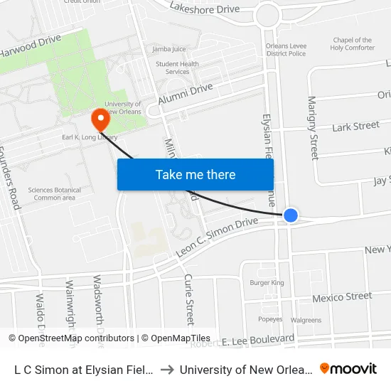 L C Simon at Elysian Fields to University of New Orleans map