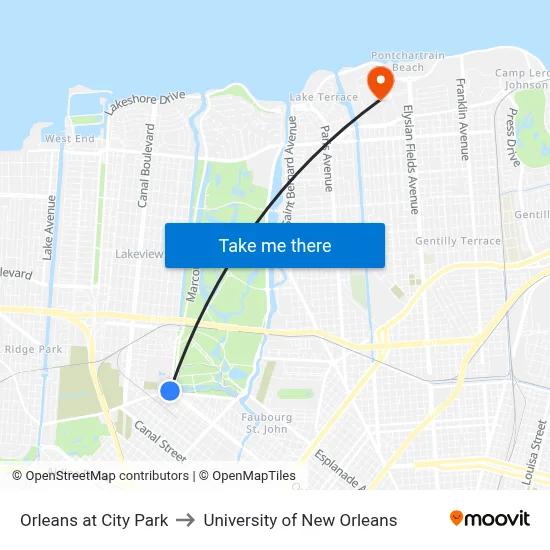 Orleans at City Park to University of New Orleans map