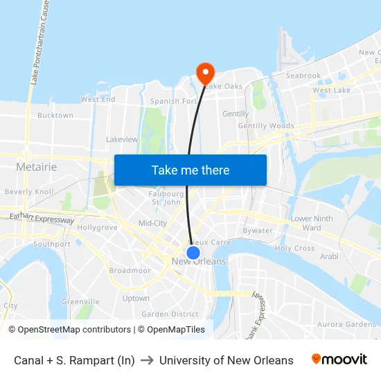 Canal + S. Rampart (In) to University of New Orleans map