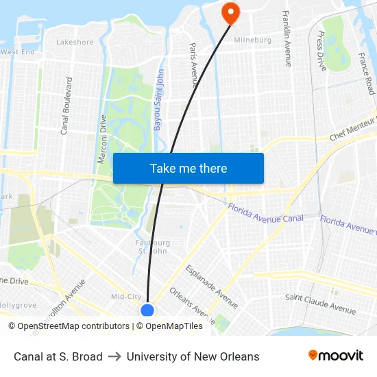 Canal at S. Broad to University of New Orleans map