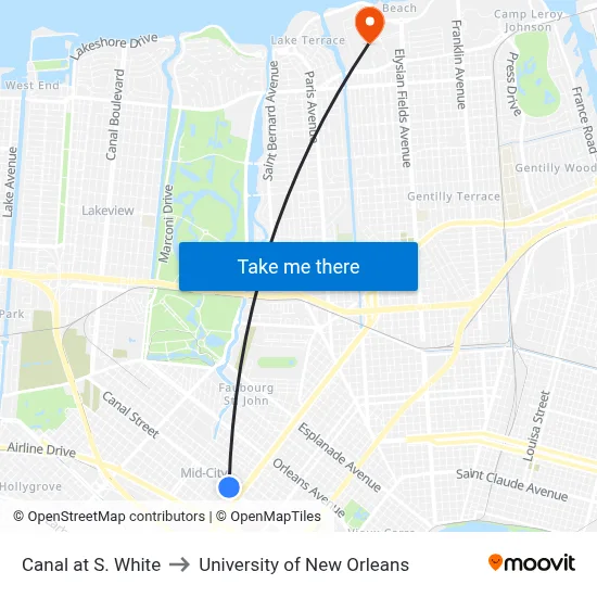 Canal at S. White to University of New Orleans map