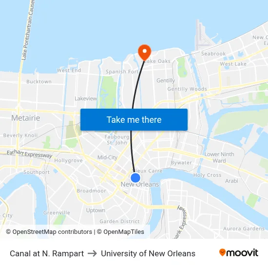 Canal at N. Rampart to University of New Orleans map