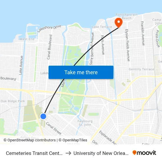 Cemeteries Transit Center to University of New Orleans map