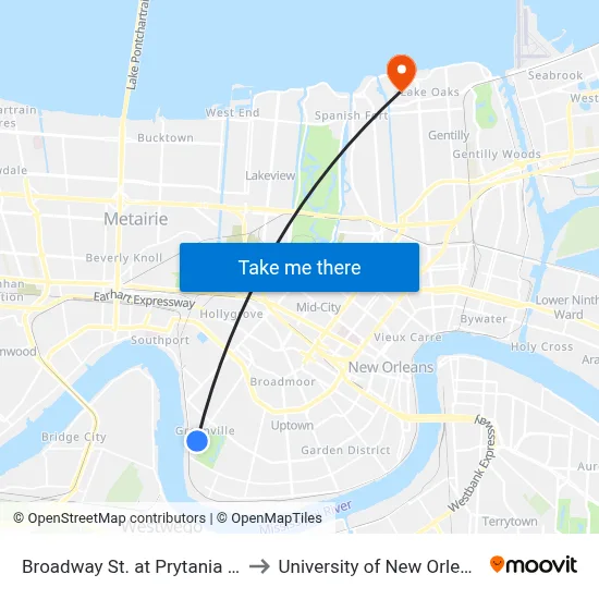 Broadway St. at Prytania St. to University of New Orleans map