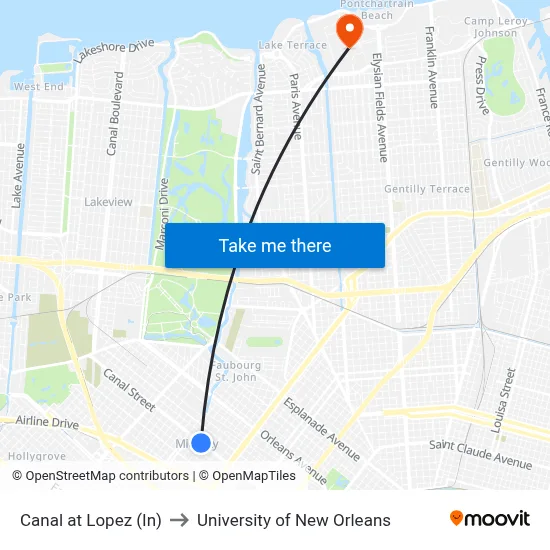 Canal at Lopez (In) to University of New Orleans map