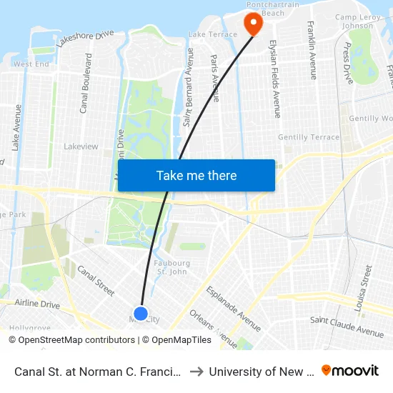 Canal St. at Norman C. Francis Pkwy. (In) to University of New Orleans map