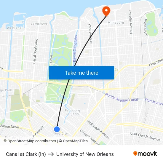 Canal at Clark (In) to University of New Orleans map