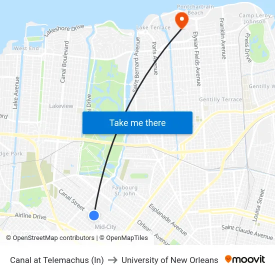 Canal at Telemachus (In) to University of New Orleans map