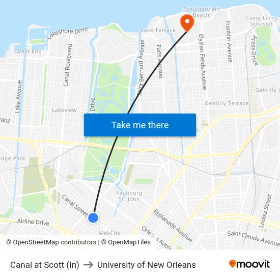 Canal at Scott (In) to University of New Orleans map