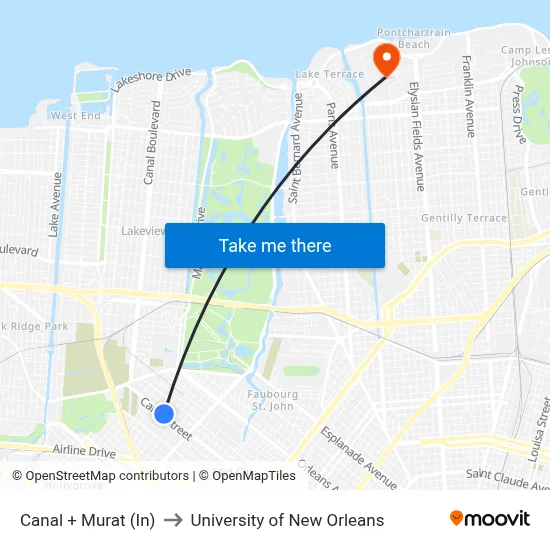 Canal + Murat (In) to University of New Orleans map
