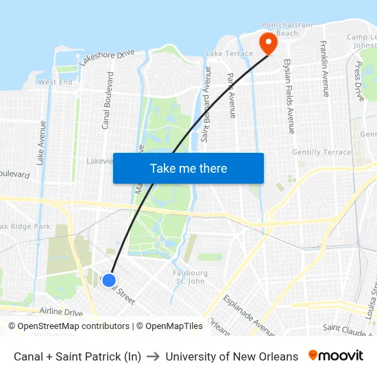 Canal + Saint Patrick (In) to University of New Orleans map
