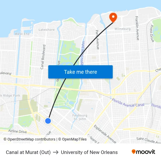 Canal at Murat (Out) to University of New Orleans map