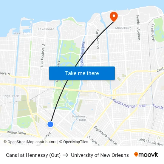 Canal at Hennessy (Out) to University of New Orleans map