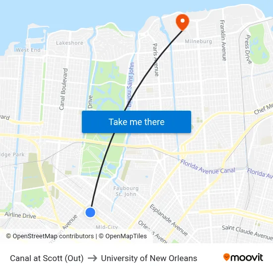 Canal at Scott (Out) to University of New Orleans map