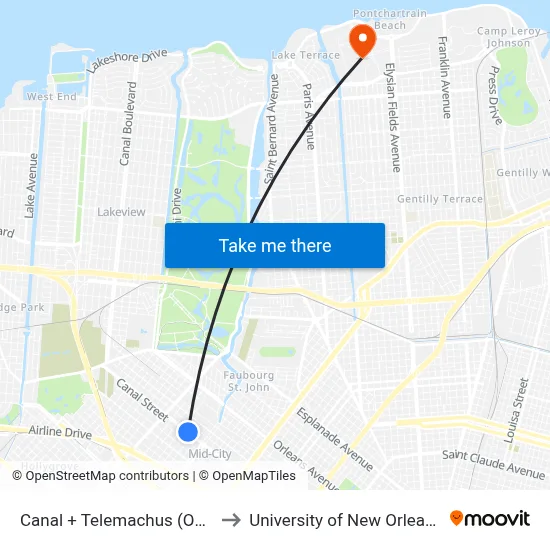 Canal + Telemachus (Out) to University of New Orleans map
