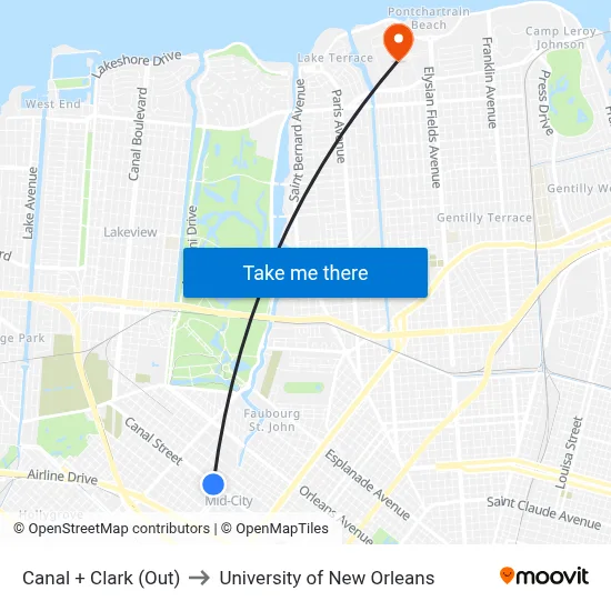 Canal + Clark (Out) to University of New Orleans map