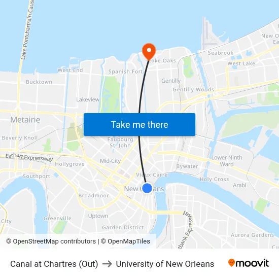 Canal at Chartres (Out) to University of New Orleans map