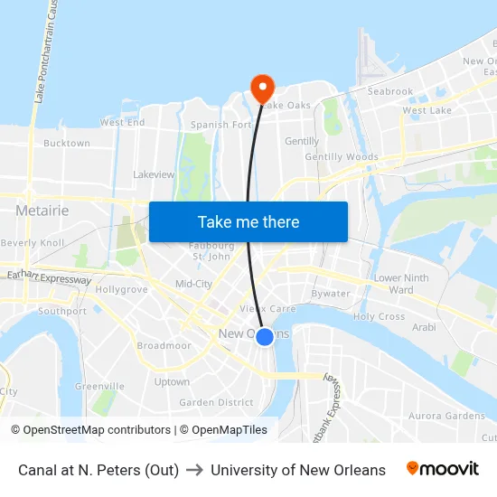 Canal at N. Peters (Out) to University of New Orleans map