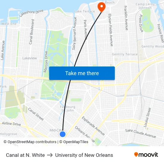 Canal at N. White to University of New Orleans map