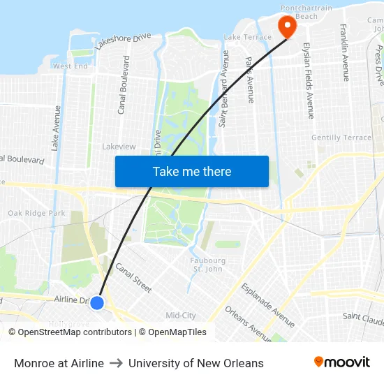 Monroe at Airline to University of New Orleans map