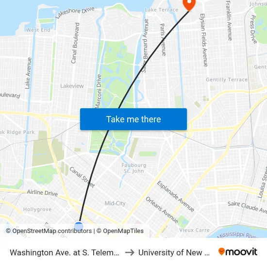 Washington Ave. at S. Telemachus St. to University of New Orleans map